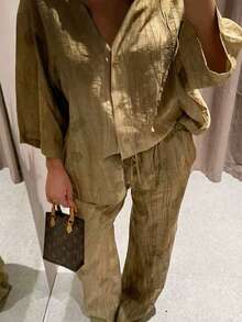 女士休闲前扣家居服套装，适合日常穿着、睡衣、春夏秋 - 棕色 - 查看 3