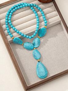 1pc Bohemian Vintage Faux Turquoise Bead Asymmetric Necklace For Women - Multicolor - View 3