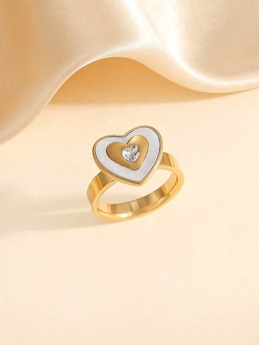 1 件不锈钢优雅金色心形戒指，多种尺寸可选，适合女性日常佩戴或送礼 - 金黃色 - 查看 1