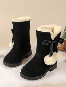 1 双冬季公主雪地靴，适合小女孩，及膝，保暖内衬，蝴蝶结装饰，靴子，户外厚底鞋，适合圣诞节 - 黑色 - 查看 1