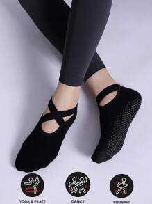 1 Par de Meias de Yoga Pretas, Ponta Redonda, Bottom de Tecido Atoalhado Macio e Confortável, Tira Cruzada Antiderrapante, Adequado para Pilates, Exercícios Internos, Dança