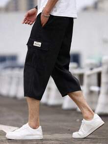 1 件青少年/男童宽松休闲百搭工装短裤，带口袋和印花图案，及膝长度，春夏秋季 - 黑色 - 查看 3