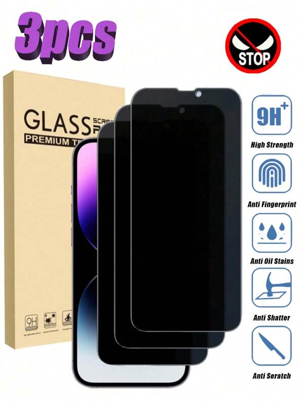 3pcs Anti-Spy Tempered Glass Screen Protector Compatible With IPhone 16/15/14/13/12/11 Pro Max/XR/X/XS Max/7/8 Plus/IPhone SE 2023, Privacy Screen Protector