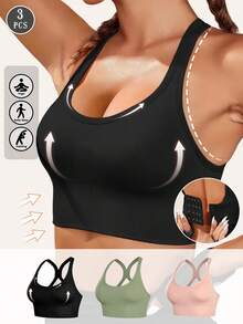 3PCS Seamless Shock-Absorbing Sports Bras, Lightweight And Breathable For Running, Racerback Design With Strong Wireless Support, Comfortable Padded Sports Camisole, Beautify Your Back, Thin And Comfortable - Multicolor - View 3