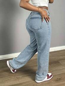 Solid Color Wash Blue High-Waisted Jeans, Loose Diagonal Pocket Zipper Button Open And Close Jeans, Women's Jeans And Clothing - 寶藍色 - 查看 5