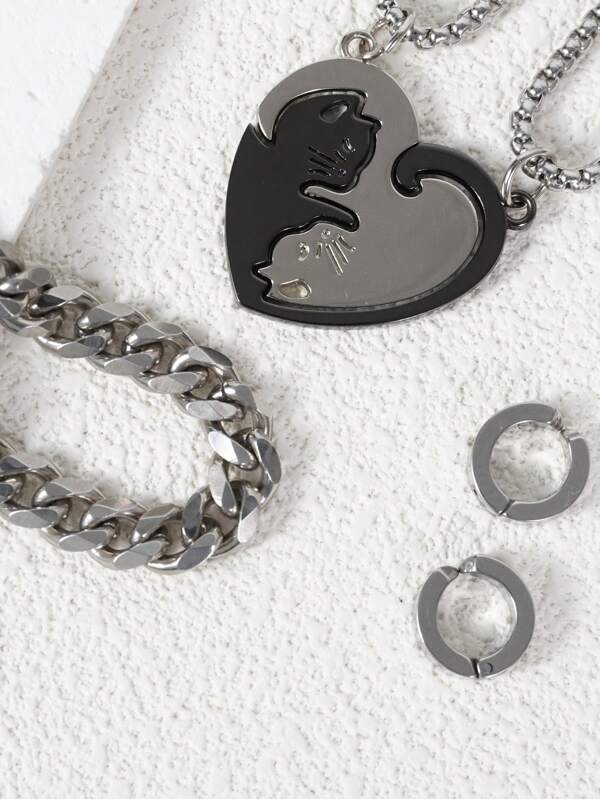 2/4/5 Stücke Herzförmiges Katzenpaar-Halskettenset aus Edelstahl, schwarz-weiße Katzenherz-Anhänger-Halskette, Armband und Ohrringe