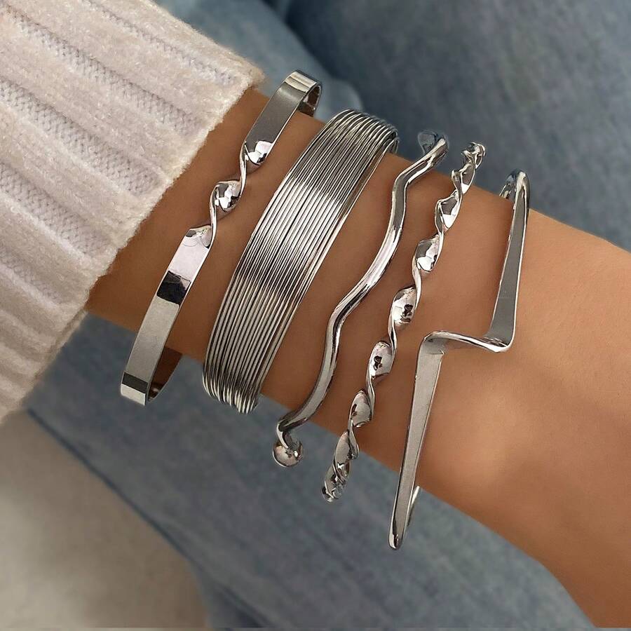 Conjunto de 5 pulseiras femininas irregulares torcidas, uso diário