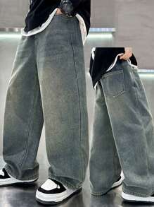 青少年男孩宽松口袋纯色牛仔阔腿裤