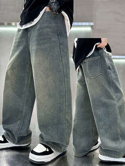 Tween Boy Loose Fit Pockets Solid Color Denim Wide Leg Pants