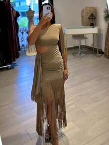 女士单肩斜领流苏连衣裙夏季镂空流苏度假生日晚会毕业典礼 - 金色 - 查看 5