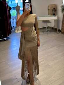 Vestido de verano de un solo hombro con cuello diagonal, con flecos, calado y borlas para vacaciones, cumpleaños, graduación y eventos de noche