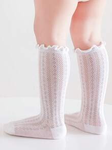 3双白色儿童袜，带荷叶边装饰，糖果图案，百搭简约透气中筒袜，防蚊虫 - 彩色 - 查看 6