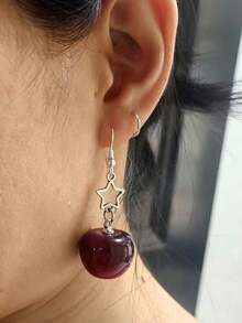 新款星星和樱桃设计耳环，奢华水钻优雅时尚吊坠耳环，别致甜美风格 - 紅色 - 查看 2