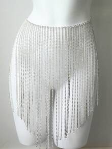 Women's Luxurious Silver Crystal Rhinestone Long Tassel Waist Chain Body Chain