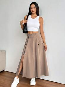 Falda A-Line minimalista de moda con bolsillos con cremallera lateral y botones, informal para vacaciones - Caqui - Ver 4