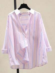 女式条纹休闲/办公室优雅条纹纽扣长袖衬衫，春夏 - 粉色 - 查看 1