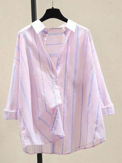 女式条纹休闲/办公室优雅条纹纽扣长袖衬衫，春夏