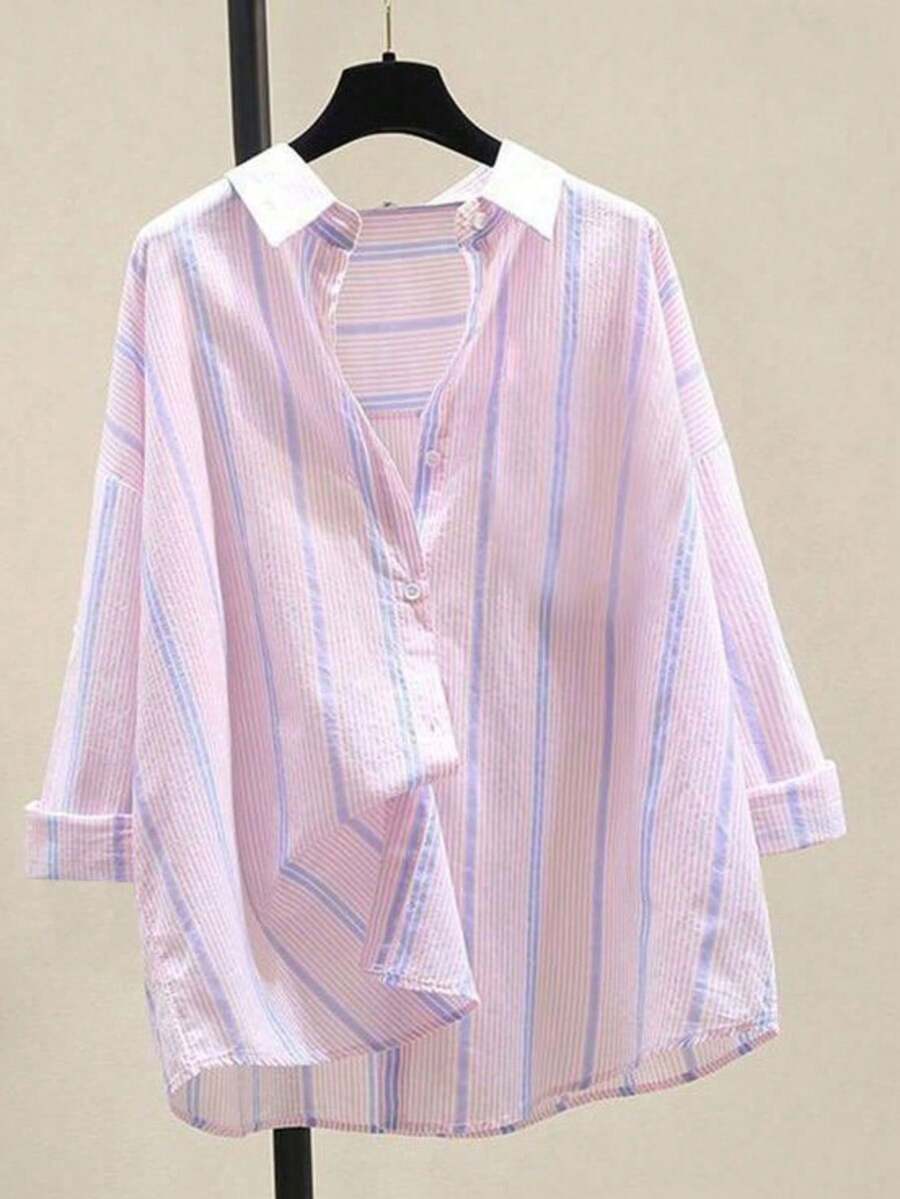 女式条纹休闲/办公室优雅条纹纽扣长袖衬衫，春夏 - 粉色 - 查看 1