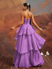 VIPGIRL Elegant Purple Strapless Bow-Tiered High Slit Gown, Floor-Length Formal Evening Dress, Women's Prom Dress, Chic Cocktail Party Dress, Glamorous Banquet Gown, Women Formal & Evening Dresses,Princess Style Bridesmaid Dress,Wedding Guest Dress