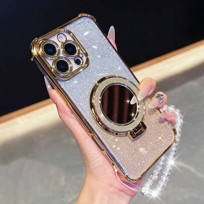 新款 17四角防摔手机壳+闪亮粉色纸质仿珍珠挂绳+闪亮粉色圆形化妆镜+磁吸支架一体式手机壳，兼容 17 Pro/16 Pro Max/Air，兼容三星Galaxy S25/S25 Plus/S25 Ultra A07 A17 XM HW Redmi A5/Oppo
