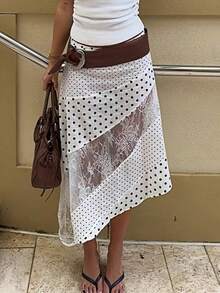 Women's Y2K Lace Patchwork Flowy Midi Skirt Vintage Low Waist Floral/Dots Print Asymmetrical Hem Flowy Long Skirts Summer Fall Beach Vacation Lightweight Aesthetic Skirt - 白色 - 查看 6