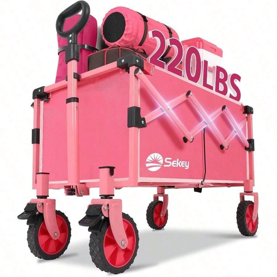 Carro plegable con frenos con capacidad de 200 libras carro ligero de utilidad carrito de compras plegable para camping deportes y día festivo. Rosa - BarbieRosa - Ver 1