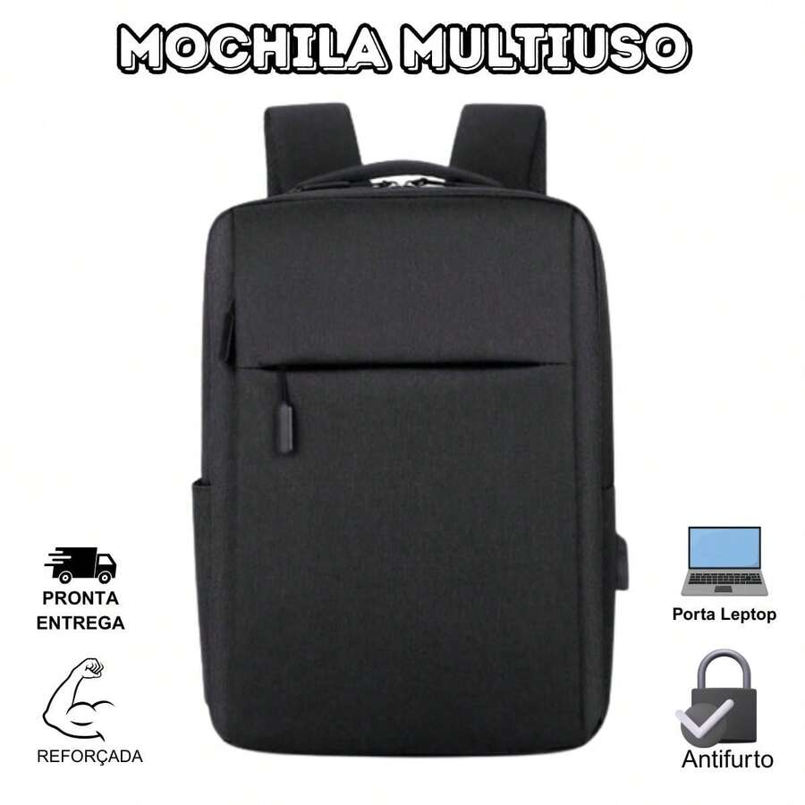 Mochila Escolar Resistente Unissex Bolsa De Festa Minimalista Impermeável com USB - Preto - Visão 1