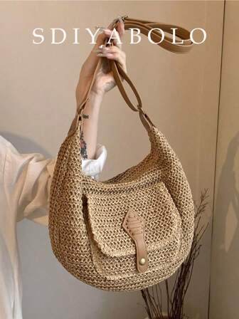 Bolso de mano tejido vintage de gran capacidad, bolso crossbody de paja para playa y vacaciones