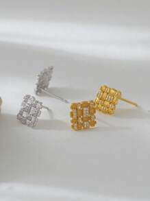 Elegant Fashionable Unique 925 Sterling Silver Gold Plated Knit Design Zirconia Square Stud Earrings For Women Daily Wear