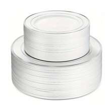 2/5/10/20/30/40/50 buc/set farfurii albe cu margine argintie, potrivite pentru familie, exterior, nuntă, petrecere acasă, reutilizabile, veselă pentru evenimente de vară, utilizare multiplă, rechizite școlare