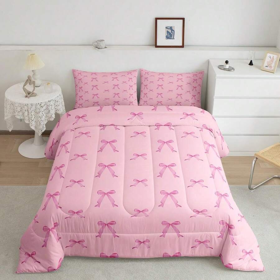 Kids Pink Bow Comforter Set,Cute Bowknot Bedding Set Queen Size,Girls Bedroom Room Decor,Dreamy Princess Style Comforter,Kawaii Bow Tie Bed Set For All Season - 粉色 - 查看 1