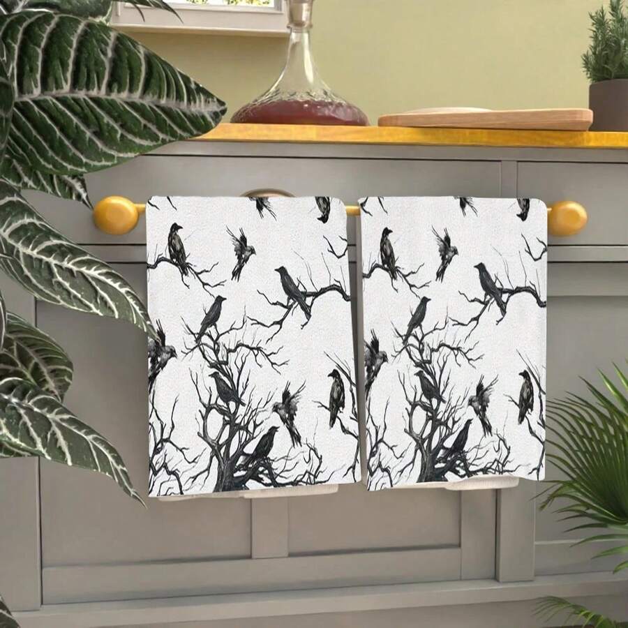 2er-Set Geschirrtücher mit Schwarz-Krähen-Muster für Halloween, hochsaugfähige Geschirrtücher, ideal für Kochen, Backen, Küche und Badezimmer - Verschiedenfarbig - Übersicht 1
