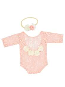 2Pcs Newborn Baby Photography Outfit Set - Chiffon Flower Lace Decor Dress & Pearl Headband For Girls, 70cm And Under - Multicolor - View 6