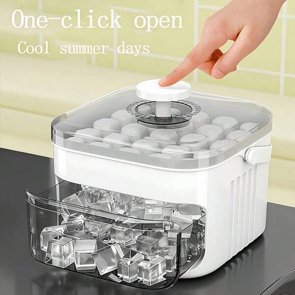 1 pieza Molde de cubitos de hielo rectangular de tipo prensado, diseño de cajón de doble capa con asa y tapa, gran capacidad, cubetero de hielo creativo hecho de material PP, ideal para refrigerador/congelador doméstico, fiestas de verano, bebidas, whisky y cócteles