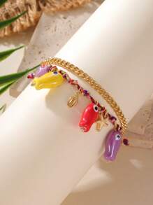 2 Stücke/Set süßes, mehrschichtiges buntes Seil, Keramik Fisch & Seestern, Edelstahl Kette Fußkette Set für Frauen, geeignet für Urlaubsoutfits