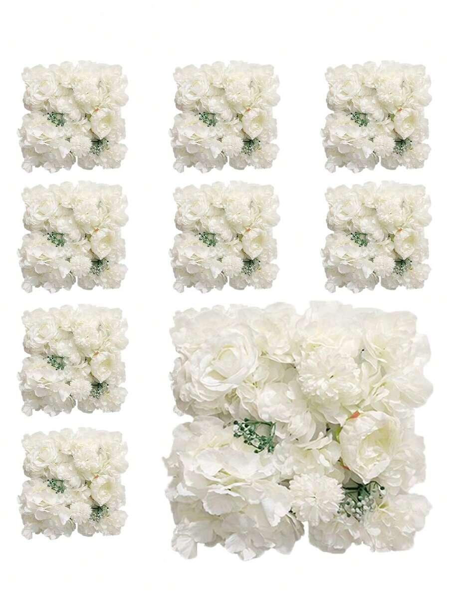 MEHELANY 1片人造花墙板，白色仿真花墙，尺寸约30*30厘米/11.82*11.82英寸，丝绸玫瑰和绣球花，3D逼真花卉背景，适用于家居装饰、婚礼背景、户外花园、室内墙面、阳台、生日、节日、圣诞节、新年、派对拍照道具等场合。 - 白色 - 查看 1