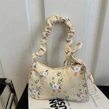 シックな花柄ナイロンショルダーバッグ - 固定ストラップ付きのエレガントな脇の下財布、ジッパー開閉、女性用