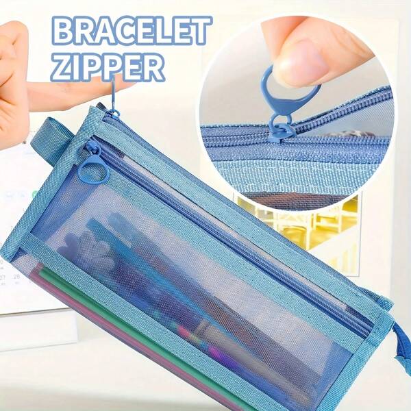 Morandee Plaid Mesh Pencil Case With Handle And Zipper, Transparent Double-Layer Stationery Organizer Bag, Suitable For Adults, School, And Office,Back To School,School Supplies,Pencil Pouch,School Bag