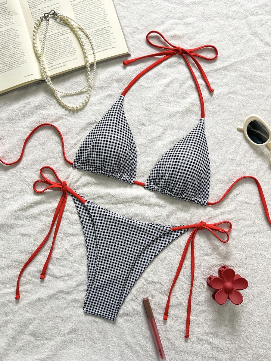 2pcs/Set 2025 New Women Blue & White Plaid Print Bikini Swimsuit - Black and White - View 1