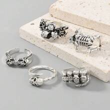 5pcs Adjustable Silver Skeleton Rings Set, Punk Rock Style Biker Rings For Men, Suitable For Nightclub, Party, Bar Wear, Versatile DIY Street Accessories