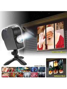 Décoration de Noël Scènes du festival de Noël Projecteur de fenêtre 12 films hologrammes intégrés Décoration d'ambiance pour fête de Noël