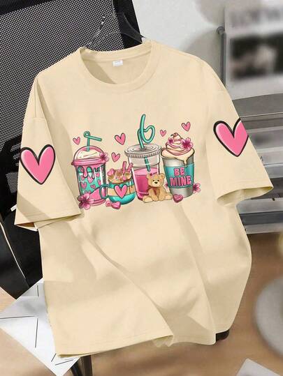 Süßes Dessert & Herz Muster Rundhals T-Shirt, weich & bequemes Lässig Top für Teenager Mädchen, Sommer