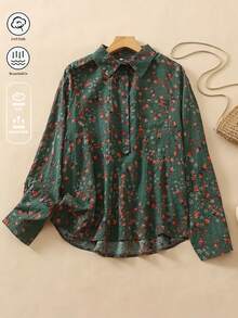 Women's Ditsy Floral Long Sleeve Casual Polo Collar Shirt, Versatile Office, Fall For Women, Olive Green - Green - View 2