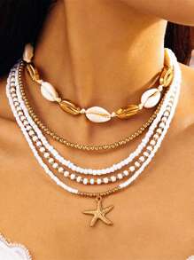 Set de 5 collares con colgantes de estrella de mar y conchas hechos a mano con estilo bohemio y capas para mujeres, adecuados para vacaciones en la playa, fiestas, fotografía, fiestas en la playa, reuniones junto a la fogata, accesorios de moda