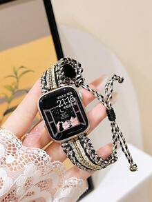 波西米亚纯手工编织表带，兼容苹果手表38mm、40mm、41mm、42mm、44mm、45mm、49mm表盘，女士款，时尚手工表带，兼容苹果手表SE11、10、9、8、7、6、5、4、3、2、1系列，可替换表带。 - 金黑 - 查看 4