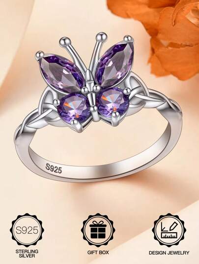 Anillo de mariposa de plata de ley 925 con amatista sintética, diseño de alas en 3D y piedra brillante, apto para uso diario, citas, bodas, celebraciones, regalos para Pascua, Halloween, San Valentín, Día de la Madre, cumpleaños, incluye caja de regalo