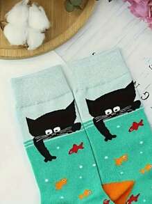 1 par de calcetines casuales y coloridos con estampado de gato lindo