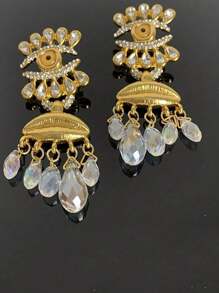 1 Pair Retro Punk Style Vintage Tassel Pendant Rhinestone Eye-Shaped Luxurious Earrings, Suitable For Fashionable Outfits
