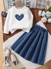 少女心印花圆领长袖上衣和迷你裙两件套 - 白色 - 查看 1