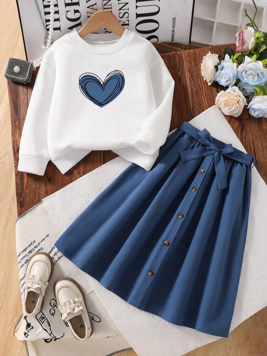 少女心印花圆领长袖上衣和迷你裙两件套 - 白色 - 查看 1